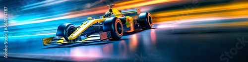 Racing car at high speed. Racer on a racing car passes the track. Motor sports competitive team racing. Motion blur background.