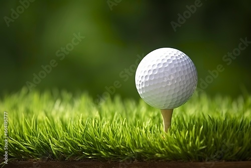 White golf ball on wooden tee with grass.