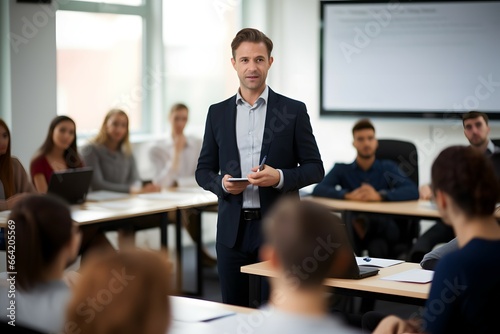 a male trainer conducting a IT businesses training in a class