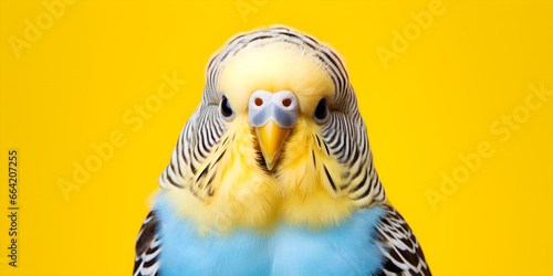 colourful studio portrait of blue and yellow budgerigar bird isolated on yellow background