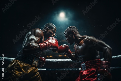 Two male boxers fighting with gloves in a boxing ring. Generative AI