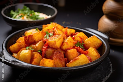 Delicious spanish patatas bravas, fried of potatoes