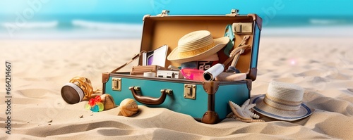 Beach Preparation, Accessories In Suitcase On Sand.
