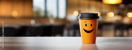 Take away coffee cup with a smiley on it's side against a blurry cafe interior