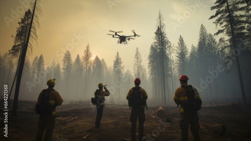 Volunteers using drone to survey flight to help extinguish forest fires in great wildfire.