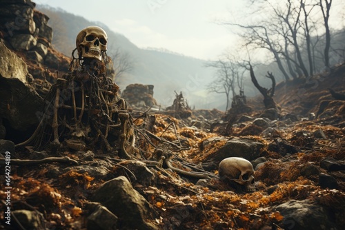Long-forgotten skulls atop the mountain peak, in a desolate expanse, a haunting sight.