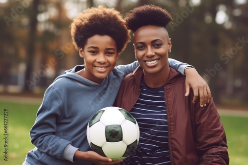 A Mother and Son Bonding Over Soccer. Fictional characters created by Generated AI.