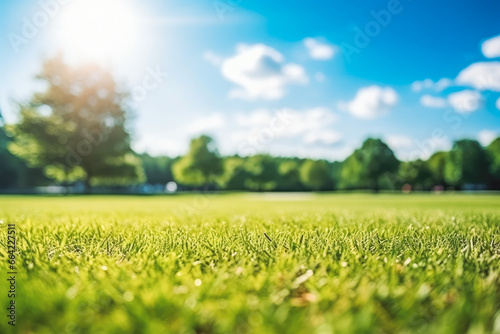 Beautiful blurred background image of spring nature with sunny sky. Green nature and blue skies.