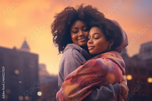 Two women with naturally curly hair share a warm embrace amidst a cityscape. Fictional characters created by Generated AI.