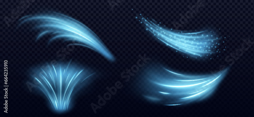 Blue wind air flow light effect, cold fresh wave vector. Clean magic neon breeze motion with glow. 3d conditioner speed energy power line with dust. Transparent ice blow stream and vacuum vortex trail