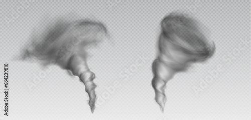 3d tornado and hurricane isolated vector storm vortex. Realistic whirlwind twister cloud effect icon. Transparent air funnel whirl. Spiral disaster windstorm set. Different typhoon collection