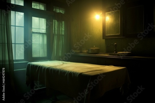 Faint hazy glow passing through a window onto a mortuary examining table. Generative AI