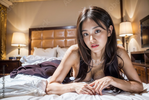 セックス後にホテルのベッドで裸でセクシーに寝そべる日本人女性(美人モデル)