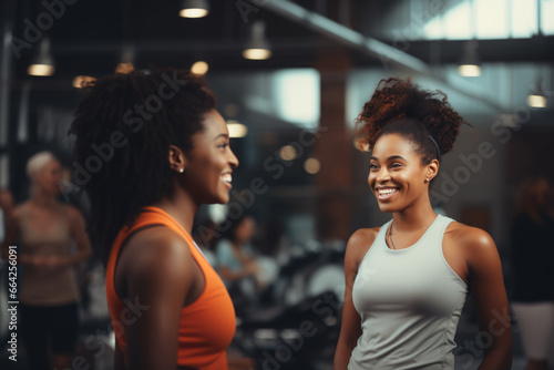Three women engaging in a workout at a gym. Fictional characters created by Generated AI.