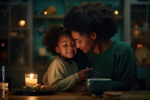 A mother and daughter sitting together at a dining table with a warm atmosphere.. Fictional characters created by Generated AI.