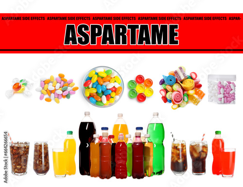 Aspartame hazard. Different soda drinks and candies containing sugar substitute on white background