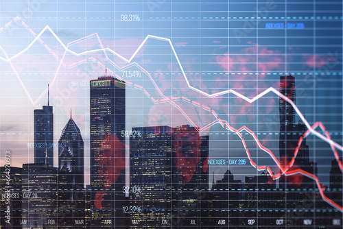 Creative glowing downward red forex chart on blurry city texture. Crisis, and stock market fall concept. Double exposure.