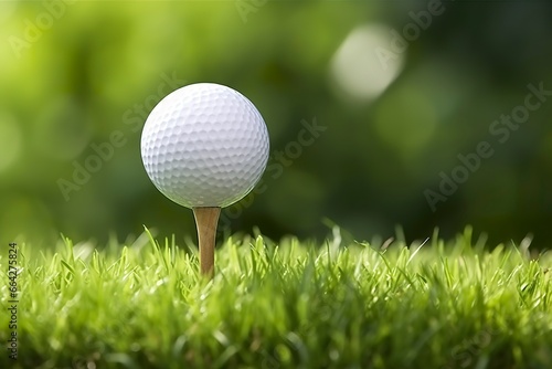 White golf ball on wooden tee with grass.