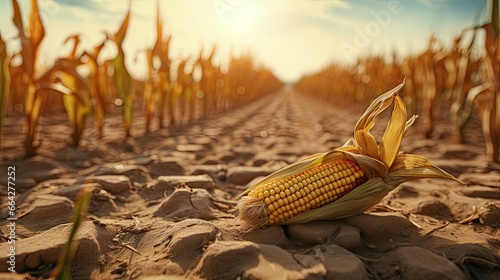 Concept of global food crisis due to corn crop failure in an agricultural field during drought heat and resulting in global economic crisis hunger and poverty