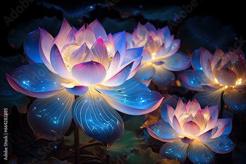 The beauty of the lotus in the pond with blue light, glowing lotus flowers, AI Generated