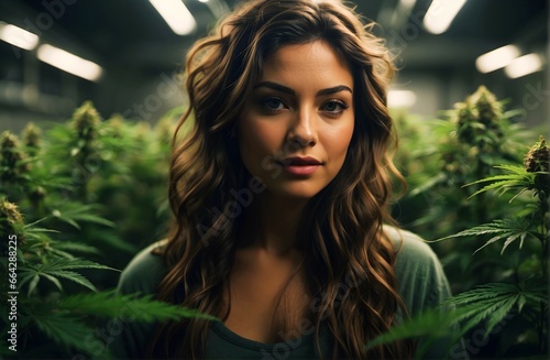 Portrait of beautiful attractive brunette girl in cannabis cbd grow room surrounded by cannabis plants, medicinal marihuana concept 