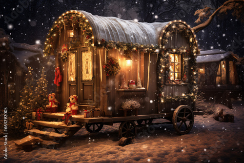 A magical winter scene with a Christmas decorated retro caravan, ready for a festive evening. generative Ai
