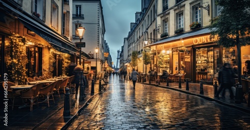 romantic streets of Paris, with people strolling and cafes buzzing, emphasized by long-exposure