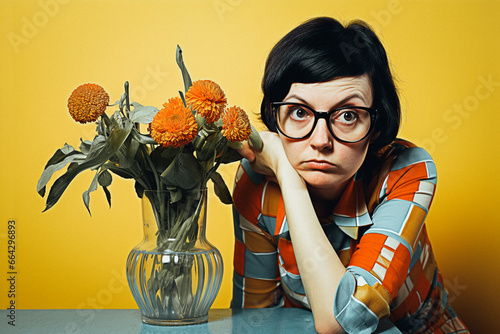 Femme brune des années 70 avec lunettes assise a une table, faisant la moue a coté d'un vase avec des fleurs