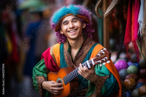 Male bard in colorful clothing. Happy positive musician with guitar instrument. Generate ai