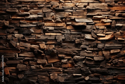 An abstract background image offers a close-up view of a stacked stone wall made from sliced stones, emphasizing the distinctive texture and patterns in the composition. Photorealistic illustration