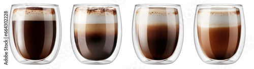 Coffee, cappuccino and latte in transparent glasses with a double bottom on a transparent background