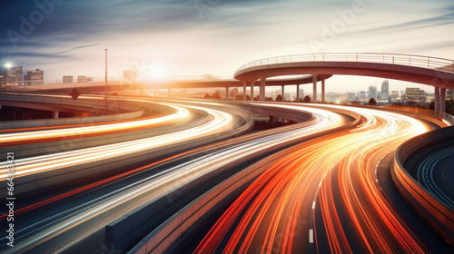 A long exposure shot of a busy freeway interchange, cars streaming by in a rush