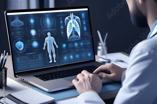 A Doctor Diagnose Treatment Lungs on Computer Screen, Analyse Patient Lung, Pneumonia