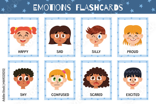 Emotions flashcards collection. Flash cards set with cute kids characters for practicing reading skills. Learn feelings vocabulary for school and preschool. Vector illustration
