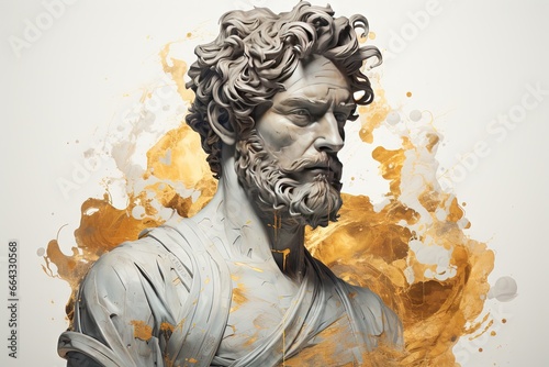 Une belle sculpture futuriste d'un homme stoïque avec des touches d'or et de marbre. Représentant le stoïcisme. IA générative, IA