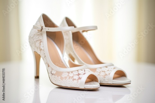 a pair of white lace wedding shoes positioned side by side