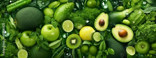 Banner layout of green fruits and vegetables.