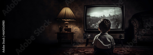 Young boy in a 1950s living room watching news on a vintage TV