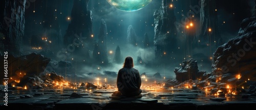 The meditation background evokes a sense of spiritual connection, encompassing chakras, prana, and the divine mind.