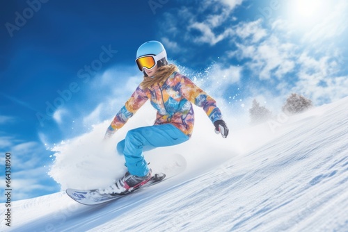 Female snowboarder on ski piste snowy resort. Winter extreme young snow slope. Generate Ai