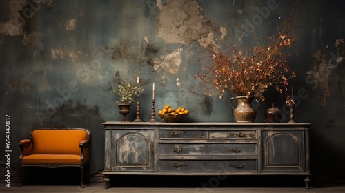 A vintage classic dresser from ancient times finds its place near a dilapidated wall, creating a retro grunge ambiance in the aged living room's interior design