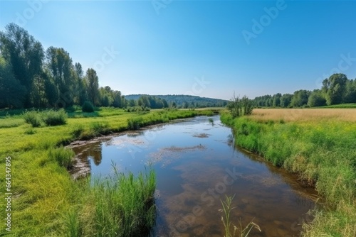 Breathtaking scenery: summer river, meadow, forest, clear sky. Vibrant colors showcase natural beauty in this artistic landscape. Generative AI