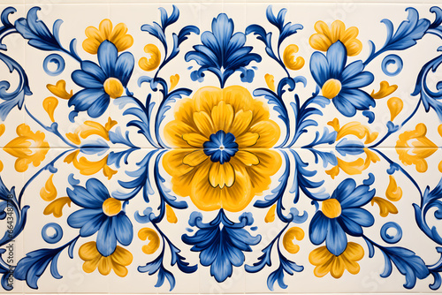 Rustic blue tile watercolor seamless pattern. Pattern of azulejos tiles 