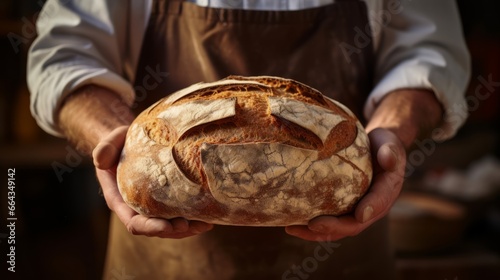 Bakery food photography background - Closeup of baker holding a sourdough bread with crispy crus