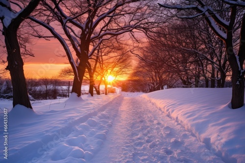 snowy path leading towards winter solstice sunset