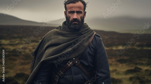 Proud Scottish man stands on misty moors in clan kilt.