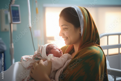 Indian mother carrying baby into the delivery room in a hospital.