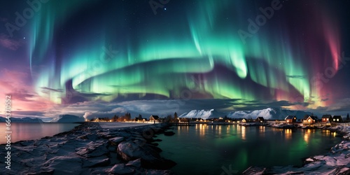 impressive and spectacular nordic landscape with aurora borealis