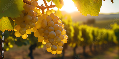 Grappe de raisin blanc avant la récolte avec rayon de soleil dans les vignes, Ripe white grapes on vineyards in autumn harvest at sunset, generative AI 