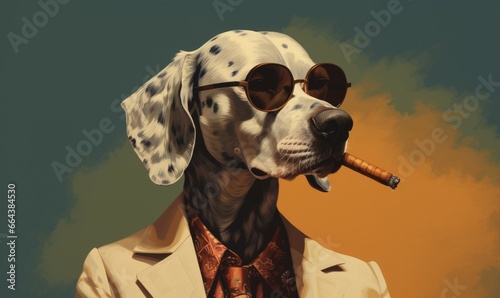 Photo of a stylish and rebellious dog rocking sunglasses and a suit while puffing on a cigarette